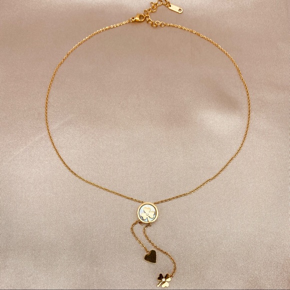 18K Gold Lucky Leave Charm Tassels Dainty Necklace - Picture 6 of 8